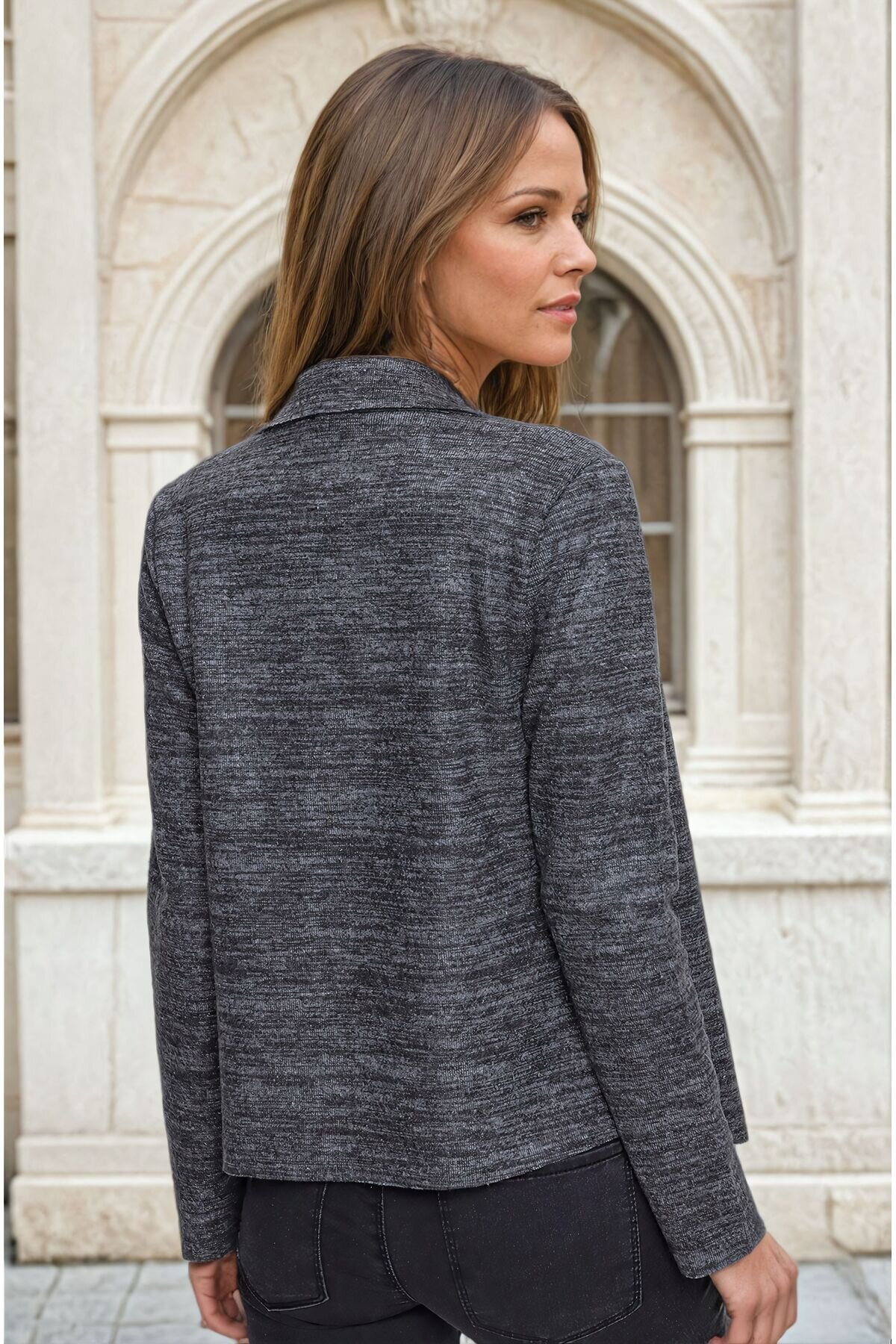 Long-Sleeve Soft Textured Knit Jacket - Anthracite - Pasaklı Giyim