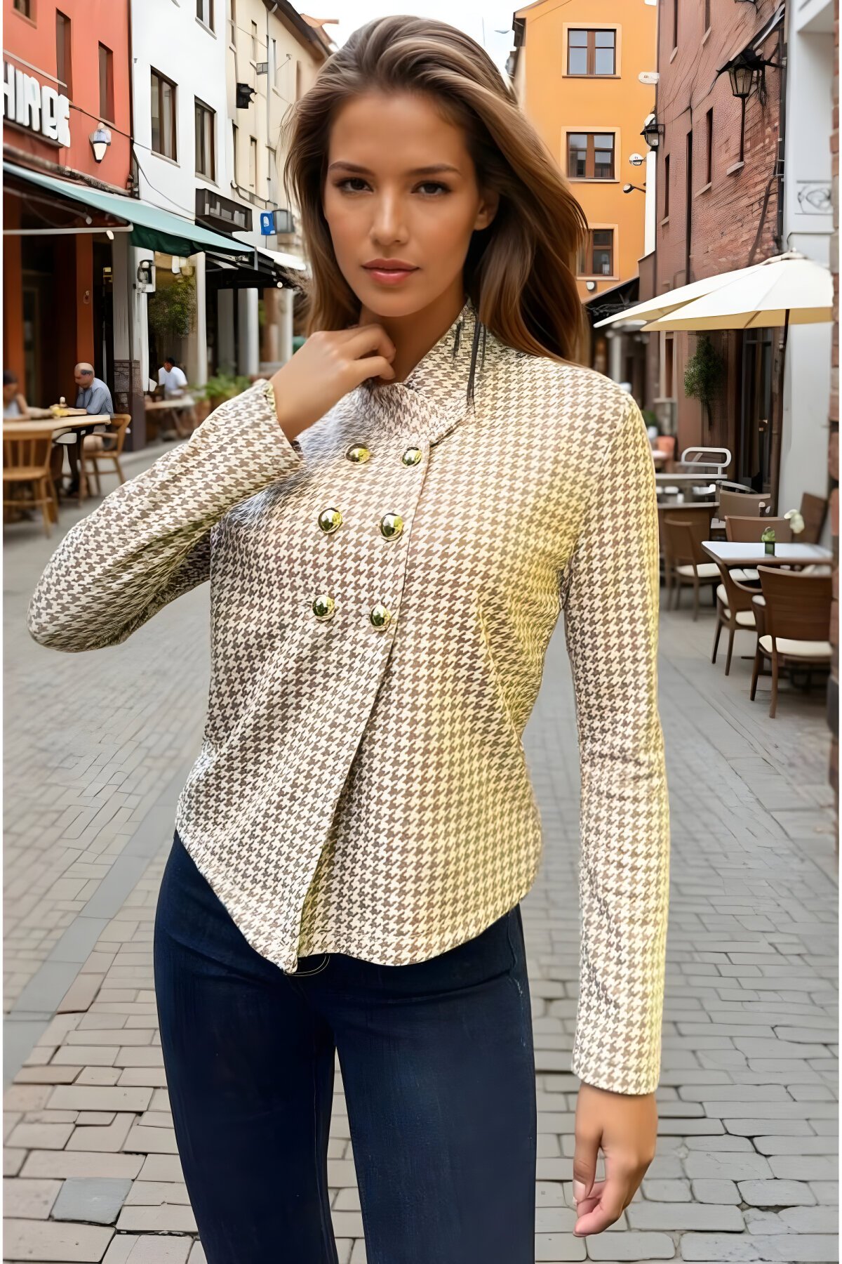 سترة ربيعية بيج جاكار بياقة عالية - Pasaklı Giyim