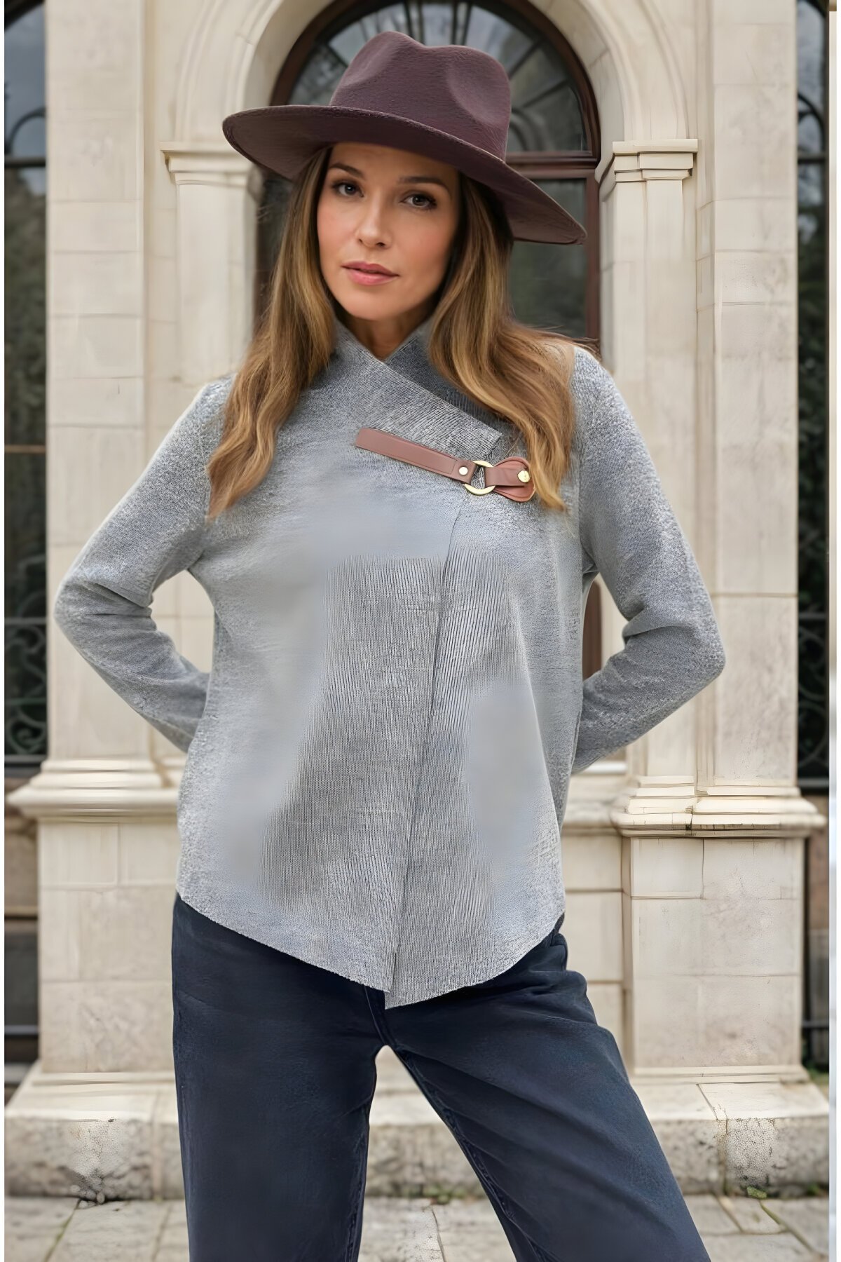 Long Sleeve Fluffy Brooch Buckle Jacket - Beige - Pasaklı Giyim