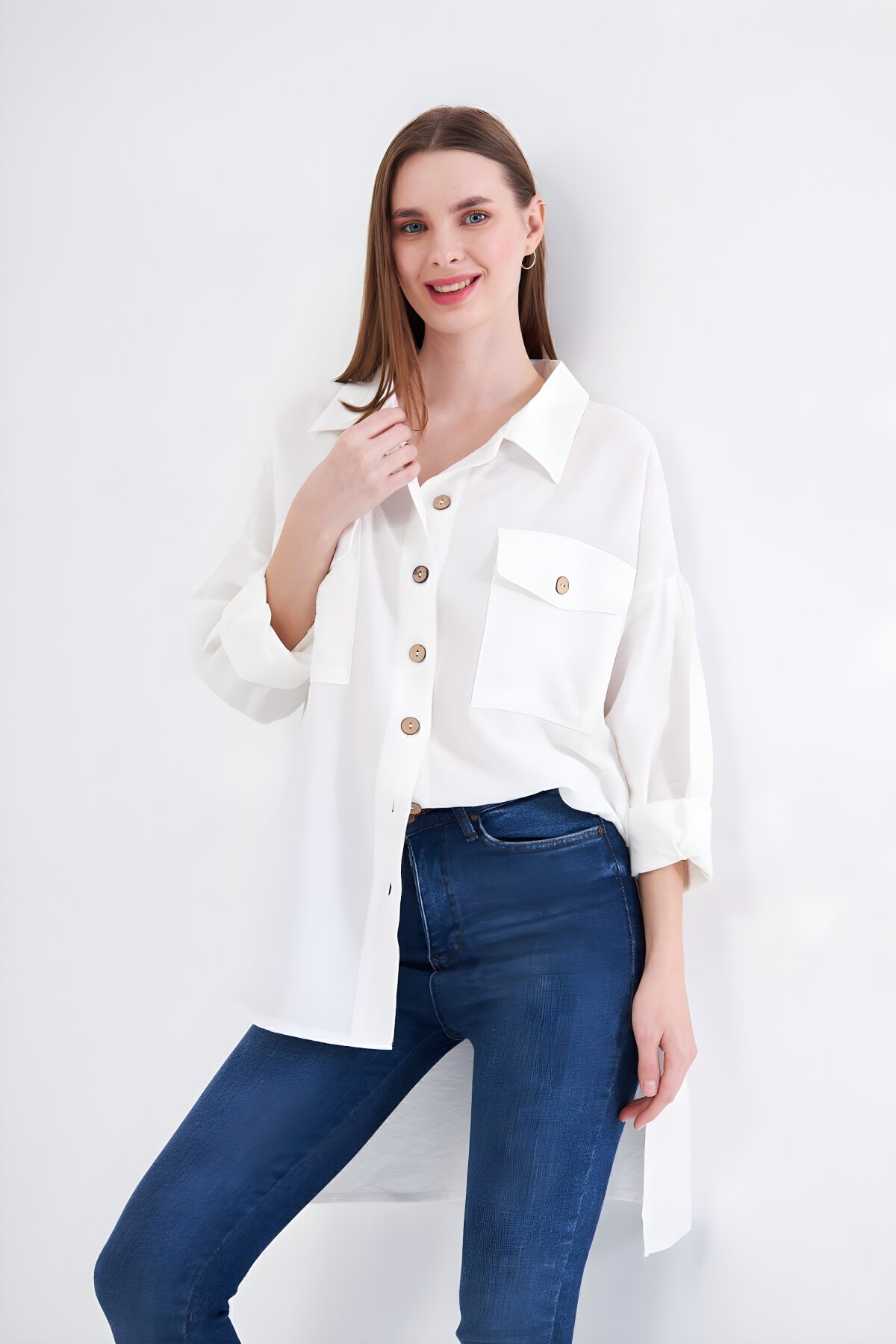 Oversized Long-Back Linen Pleated-Sleeve Shirt - White - Pasaklı Giyim