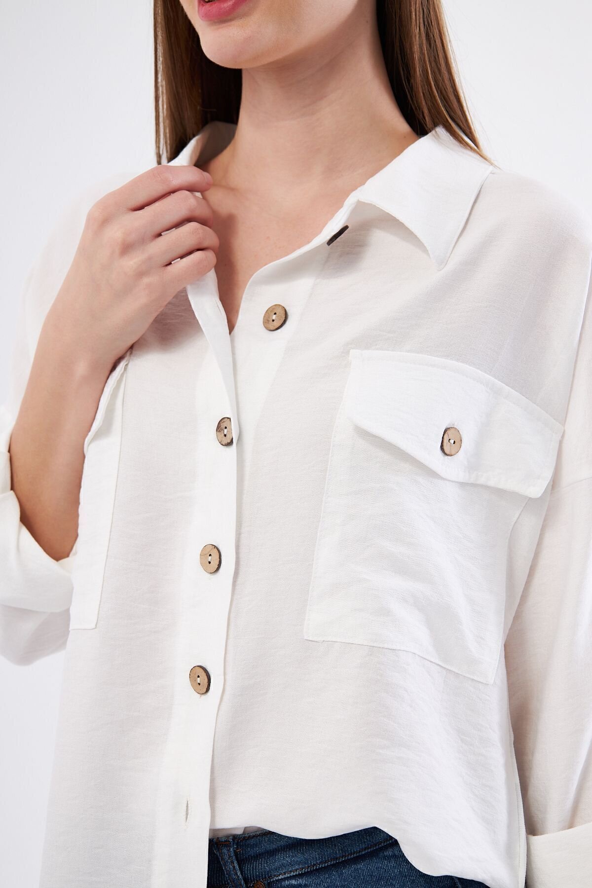 Oversized Long-Back Linen Pleated-Sleeve Shirt - White - Pasaklı Giyim
