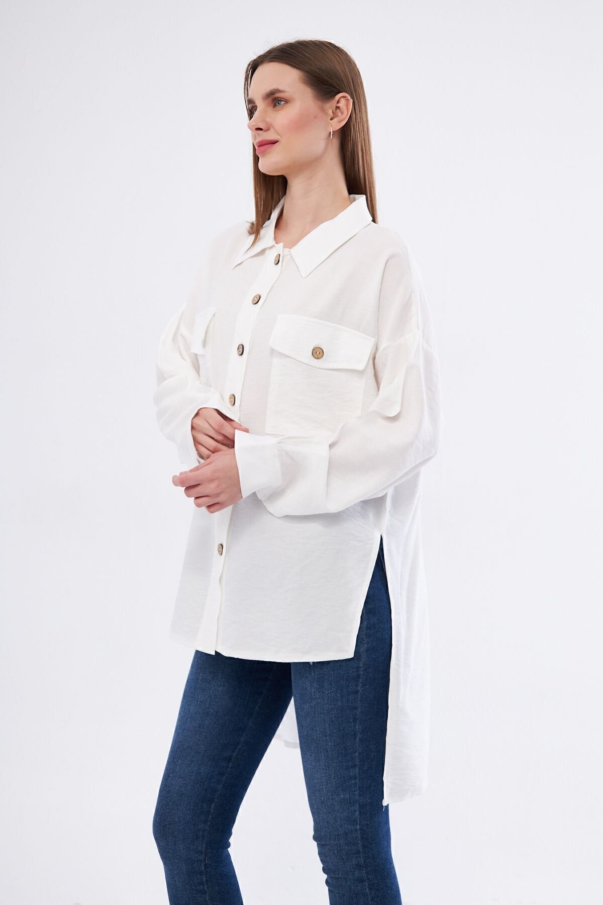 Oversized Long-Back Linen Pleated-Sleeve Shirt - White - Pasaklı Giyim