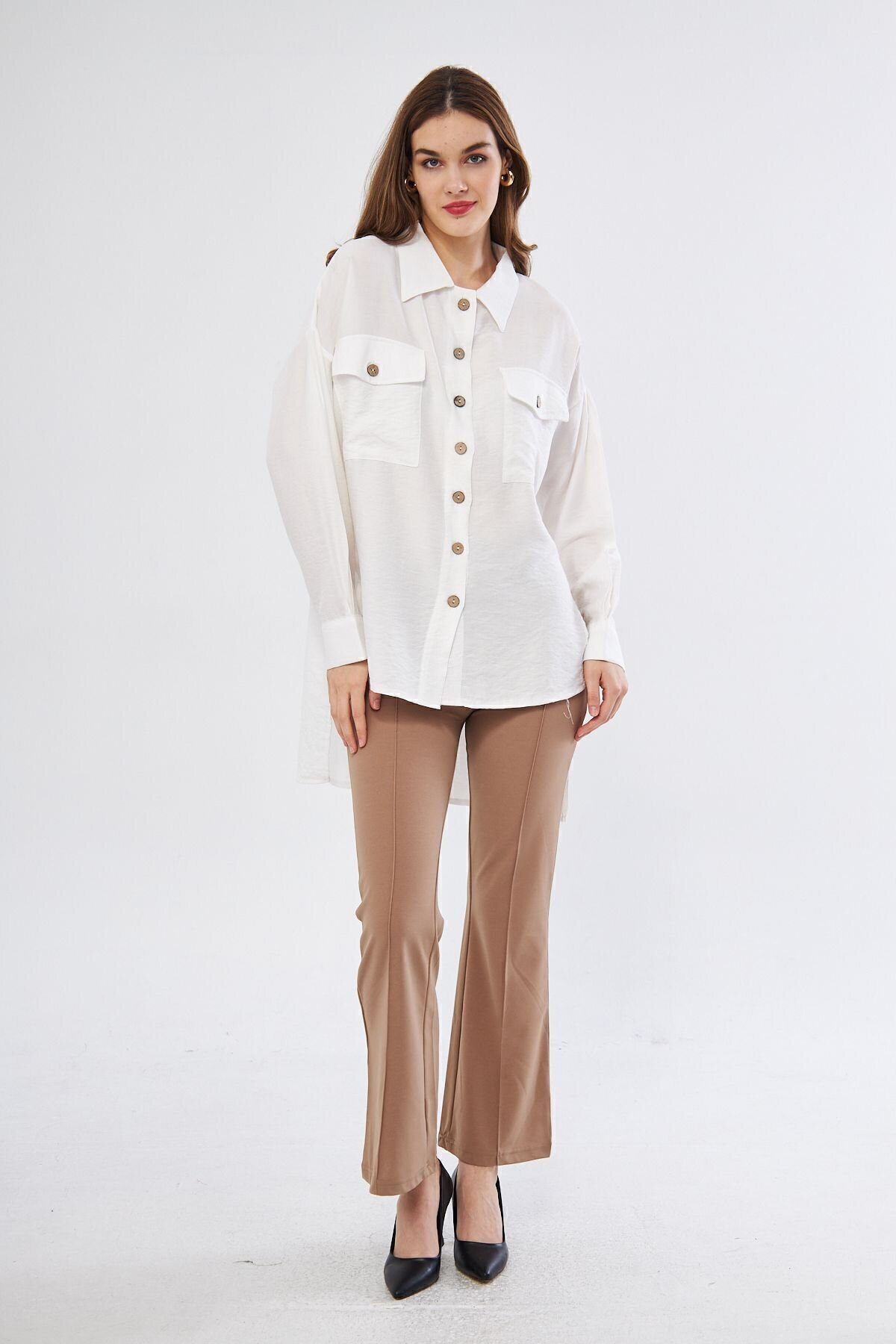 Oversized Long-Back Linen Pleated-Sleeve Shirt - White - Pasaklı Giyim