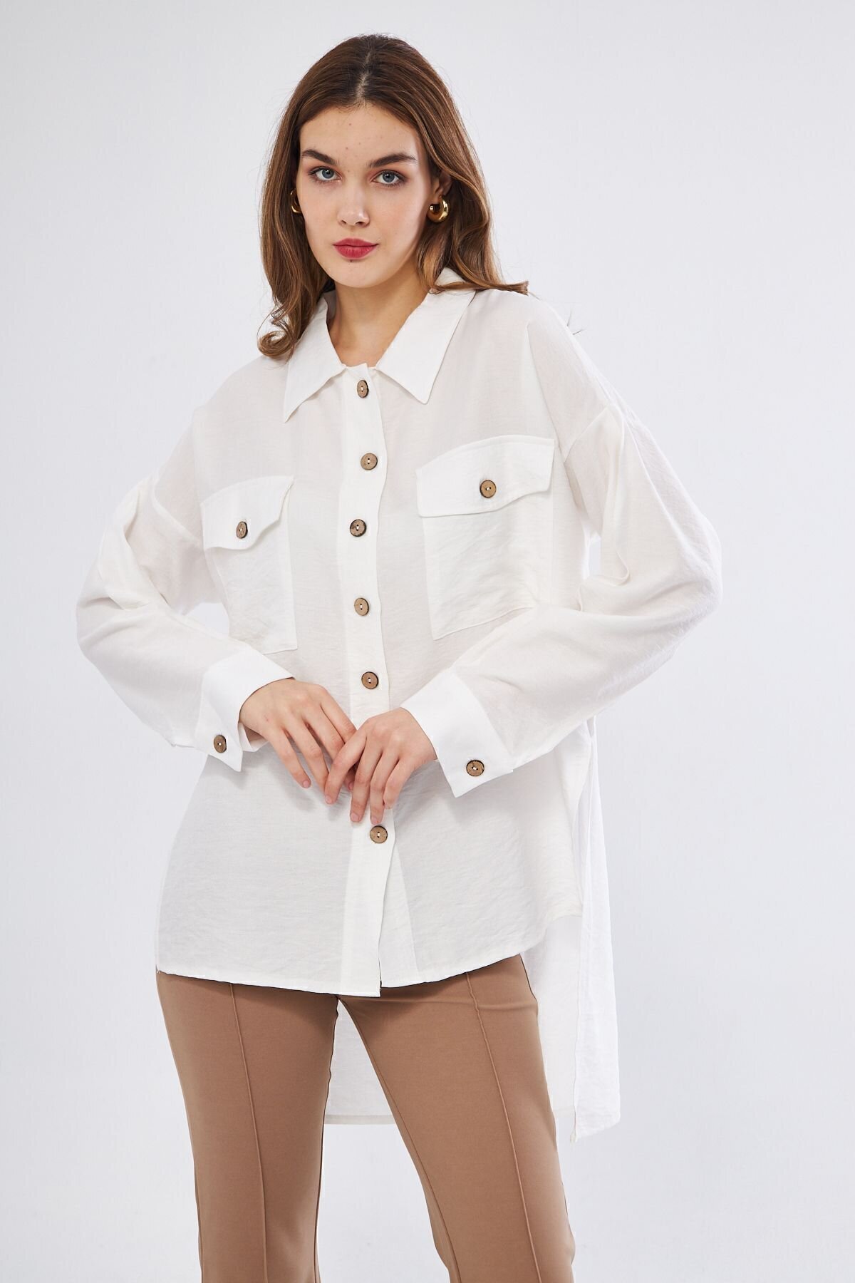 Oversized Long-Back Linen Pleated-Sleeve Shirt - White - Pasaklı Giyim