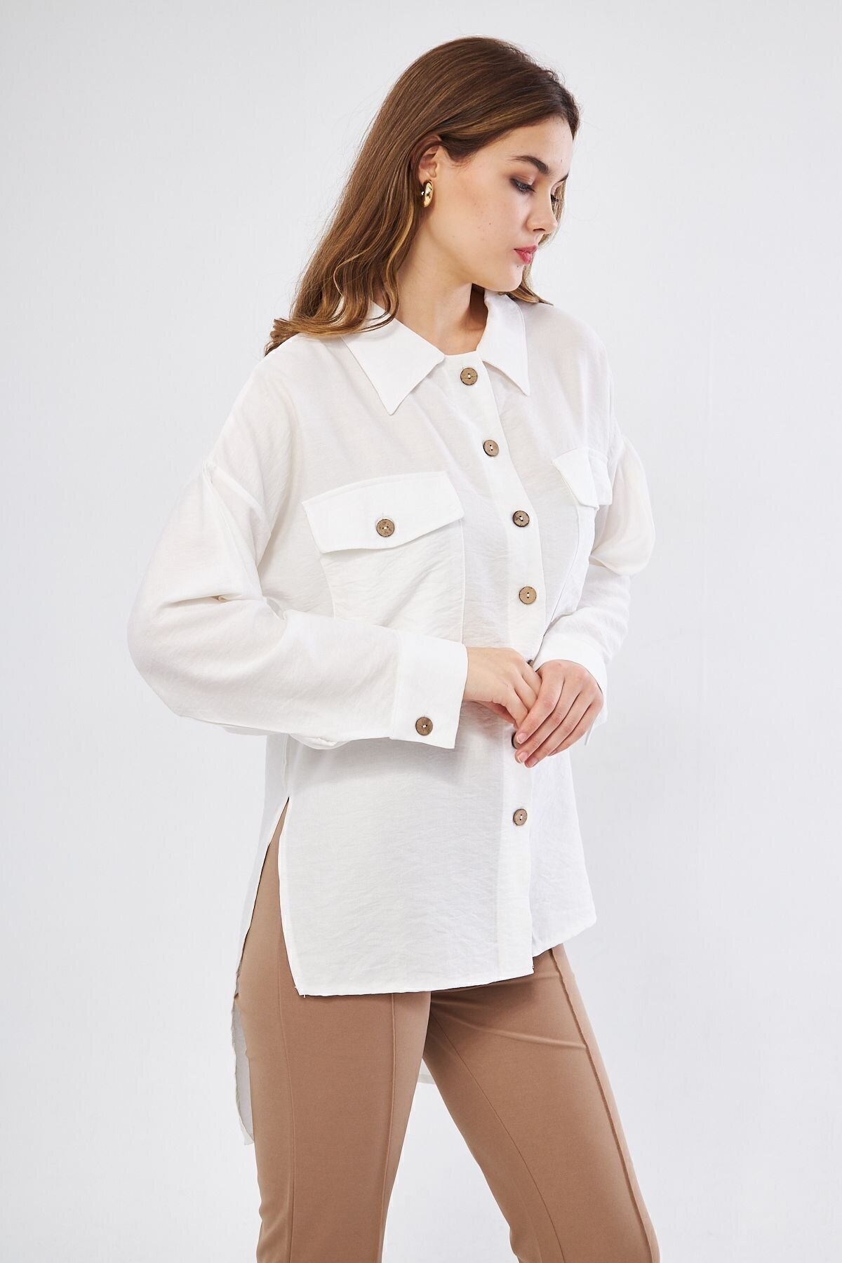 Oversized Long-Back Linen Pleated-Sleeve Shirt - White - Pasaklı Giyim