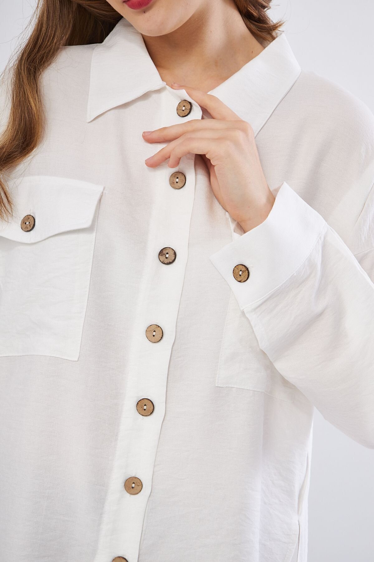 Oversized Long-Back Linen Pleated-Sleeve Shirt - White - Pasaklı Giyim