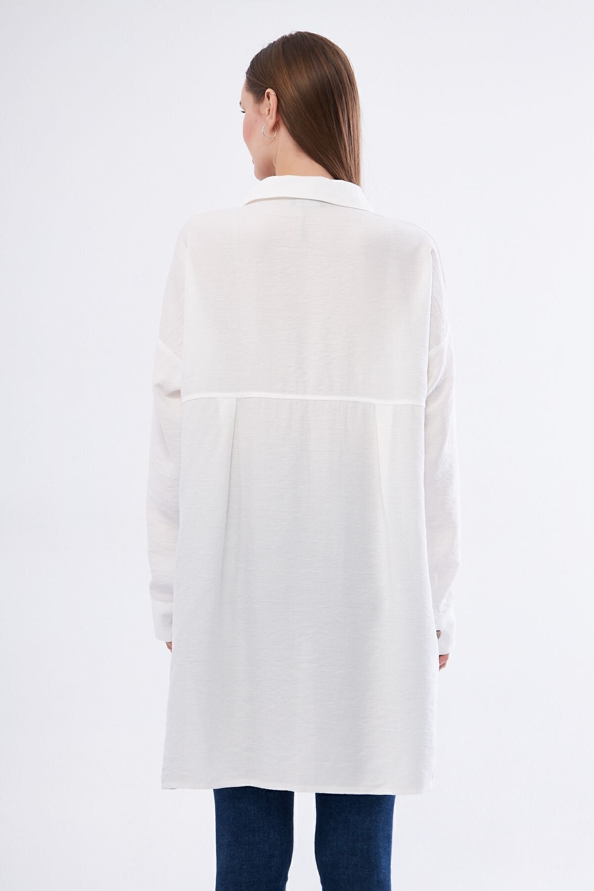 Oversized Long-Back Linen Pleated-Sleeve Shirt - White - Pasaklı Giyim