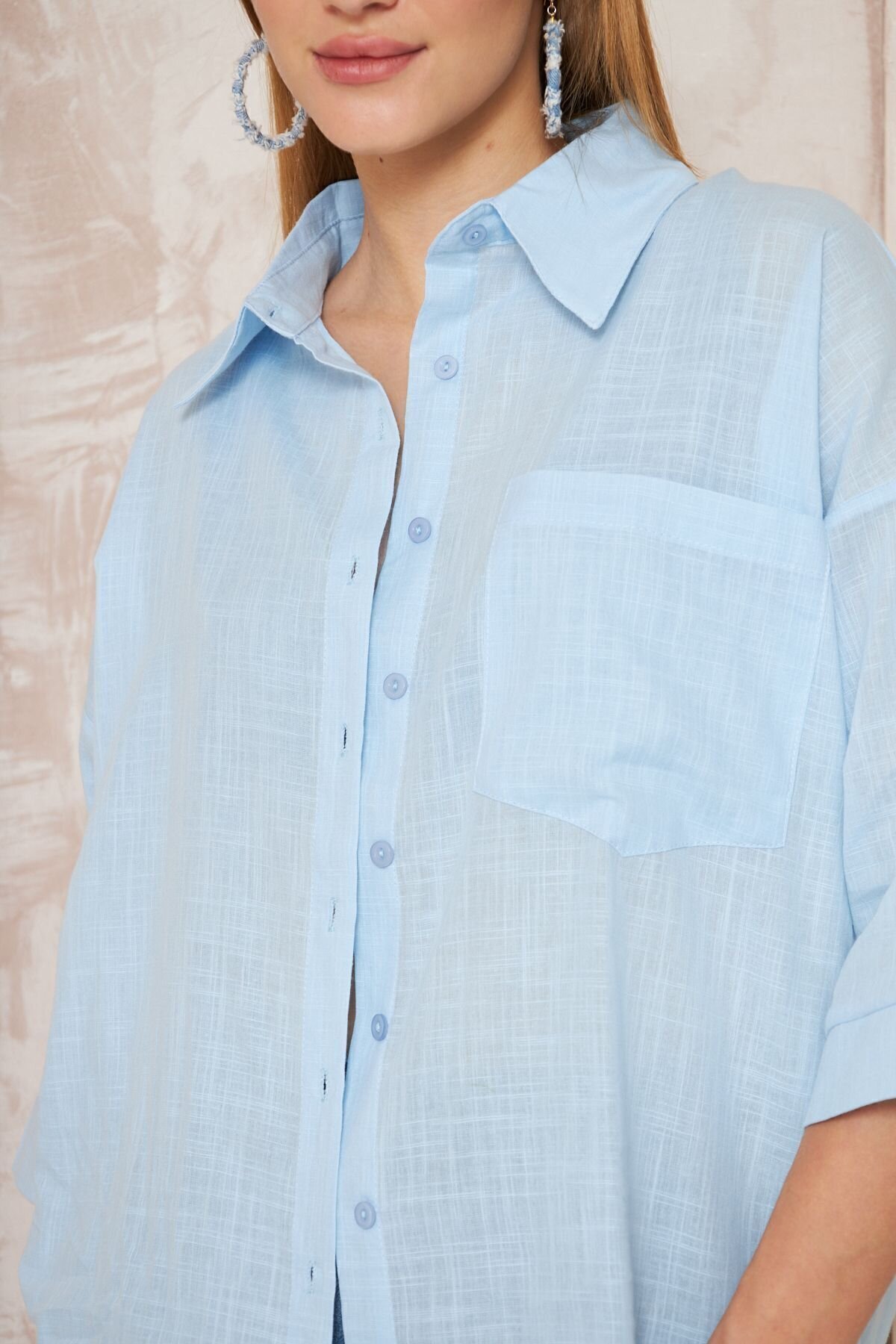 Loose-fit Slub Linen Shirt - Ice Blue - Pasaklı Giyim