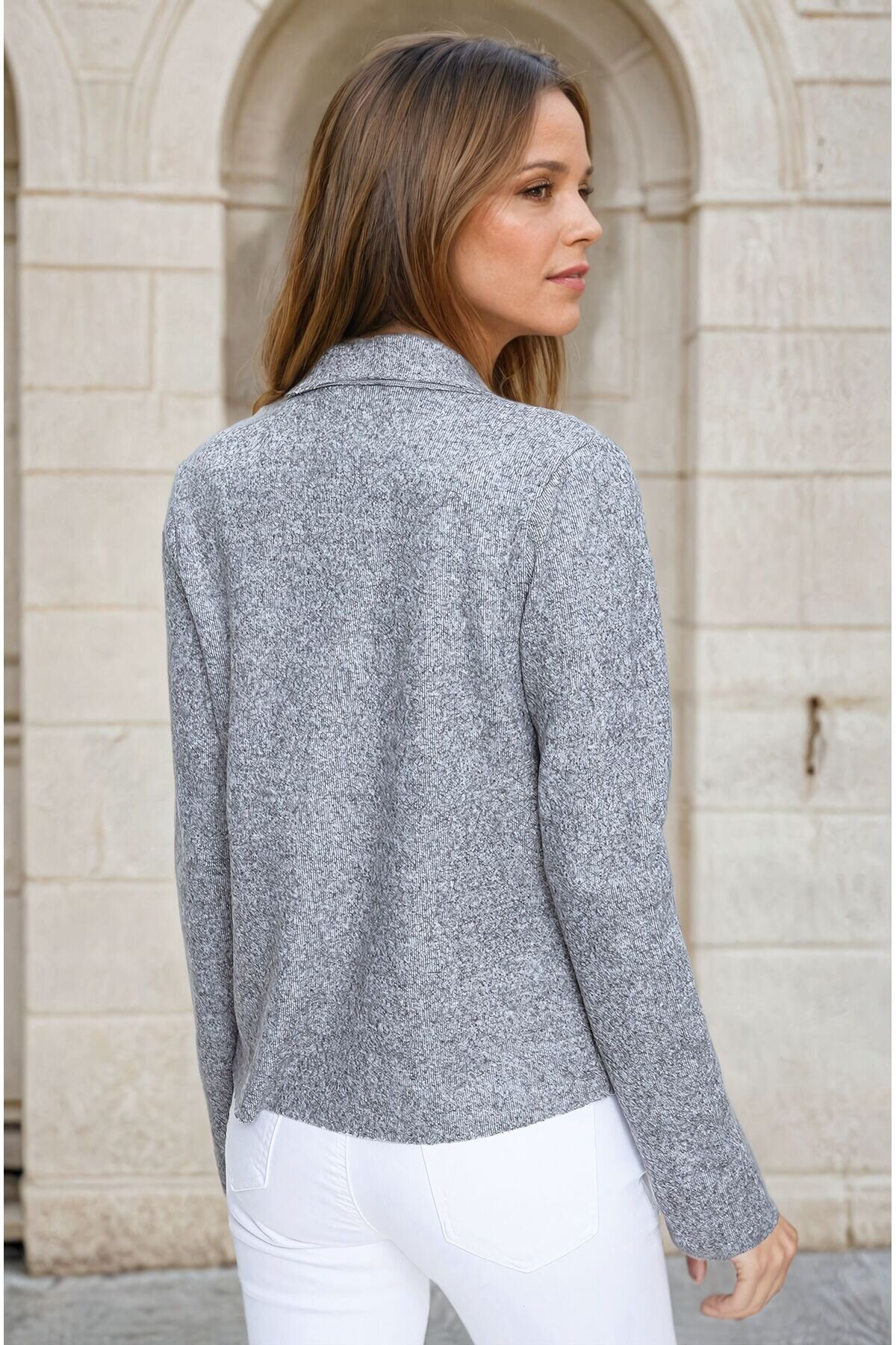 Long-Sleeved Textured Fuzzy Jacket - Gray - Pasaklı Giyim