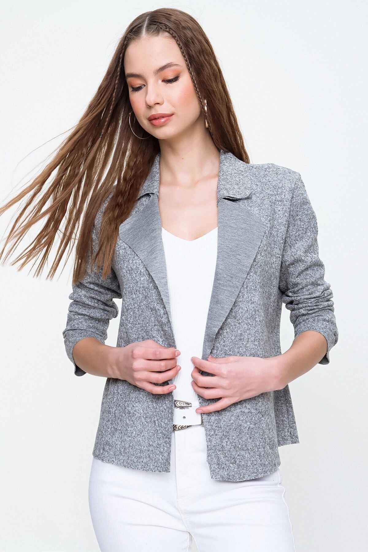 Long-Sleeved Textured Fuzzy Jacket - Gray - Pasaklı Giyim