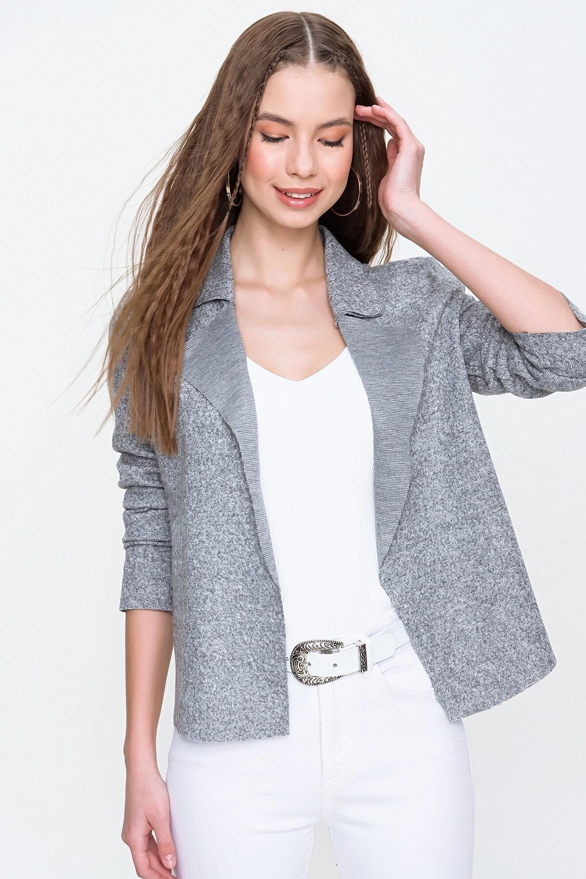 Long-Sleeved Textured Fuzzy Jacket - Gray - Pasaklı Giyim