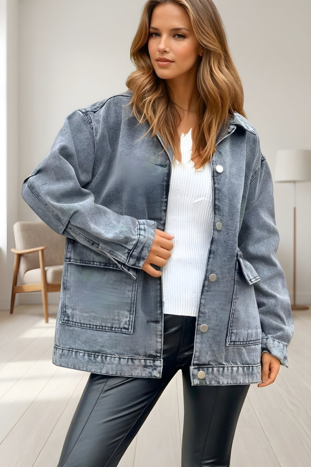 Oversize Denim Jacket - Grey - Pasaklı Giyim