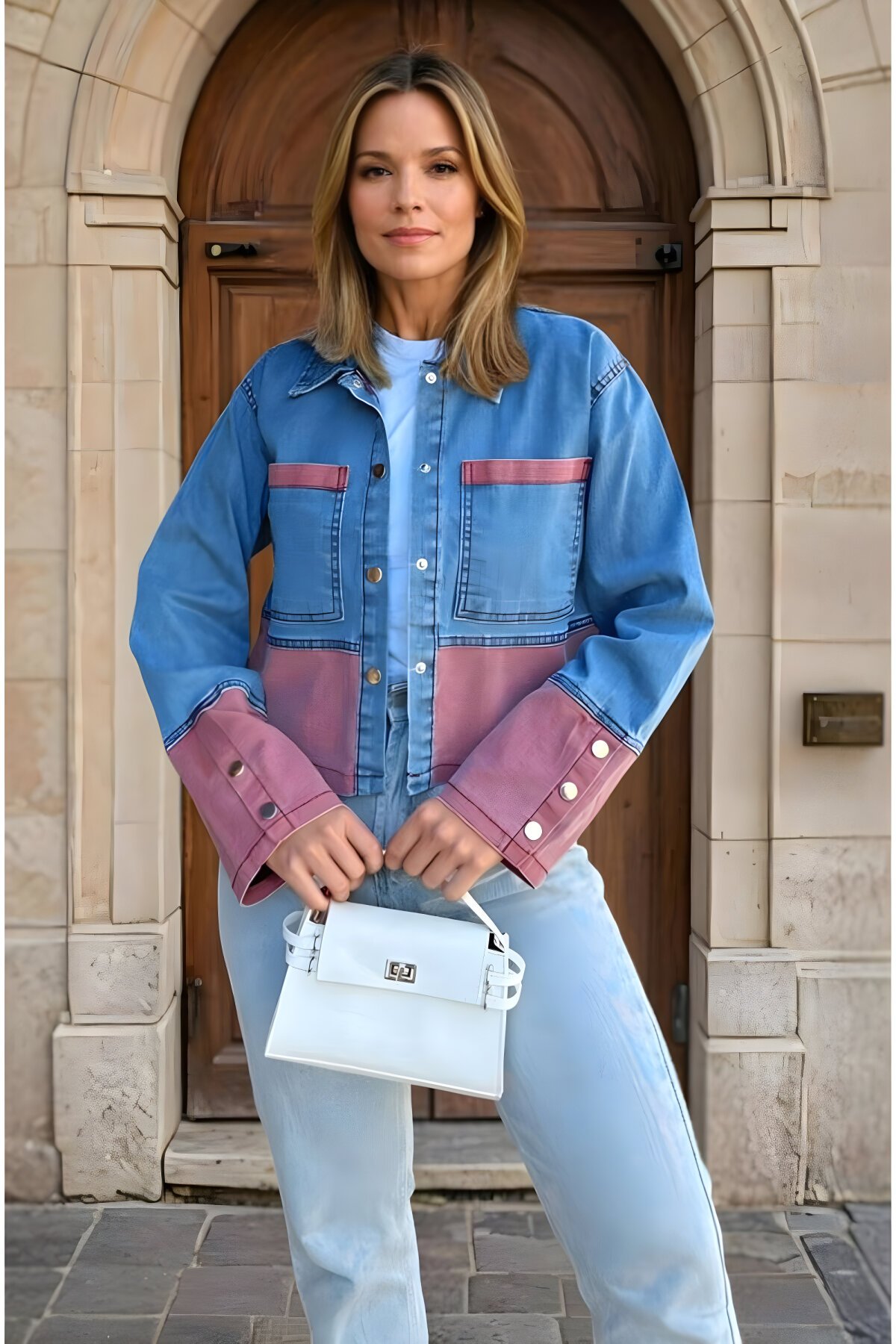 Denim Double-Detailed Cuffed Jacket - Blue - Pasaklı Giyim