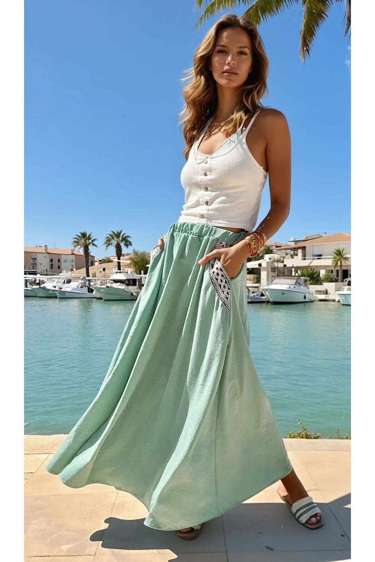Long Elasticated Flared Skirt - Mint Green - Pasaklı Giyim