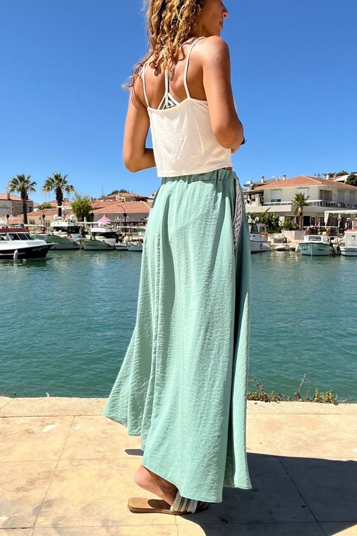 Long Elasticated Flared Skirt - Mint Green - Pasaklı Giyim