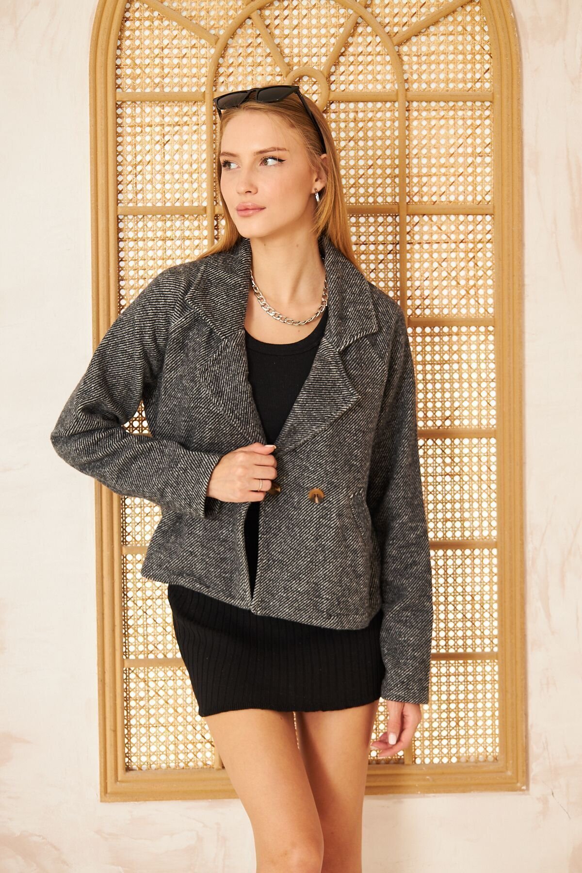 Relaxed Fit Ribbed Cachet Jacket - Black Anthracite - Pasaklı Giyim