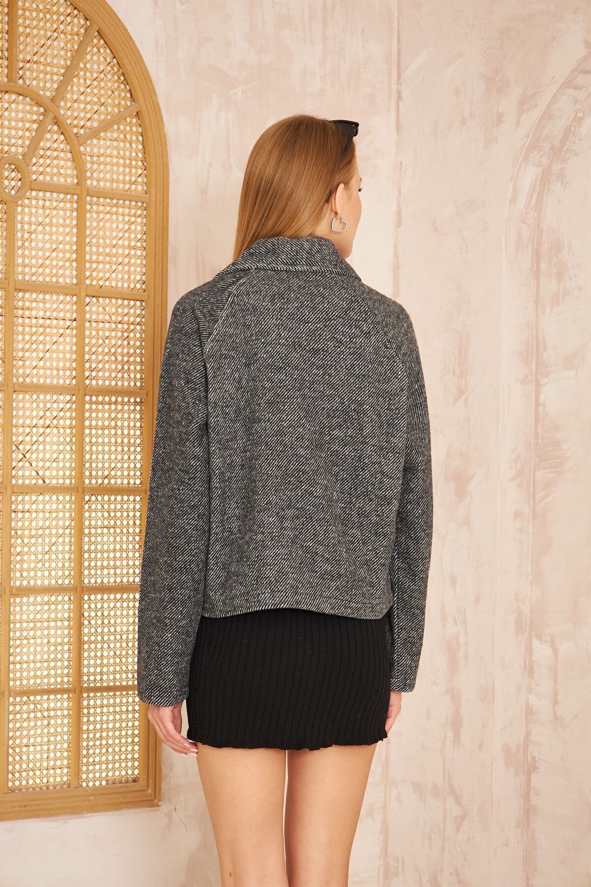 Relaxed Fit Ribbed Cachet Jacket - Black Anthracite - Pasaklı Giyim