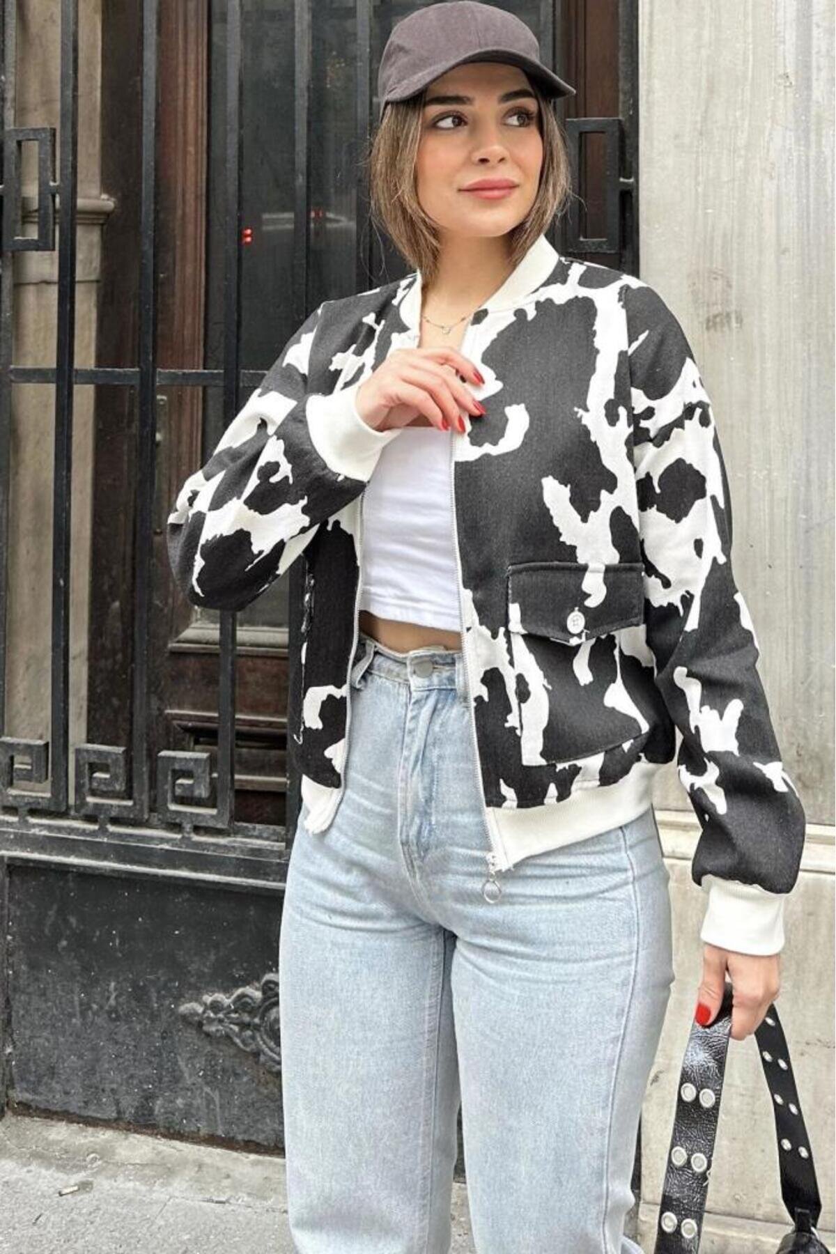 Regular Fit Patterned Bomber Pocket Jacket - Black and White - Pasaklı Giyim
