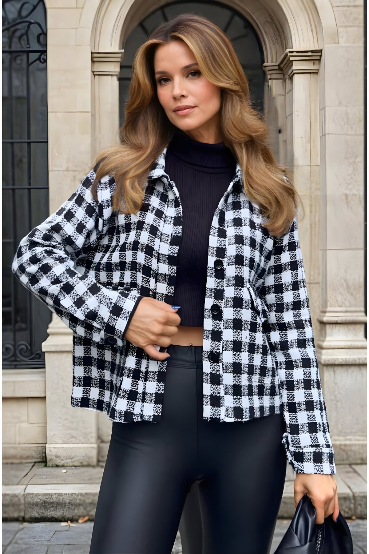 Short Plaid Tweed Pocket Jacket - Black - Pasaklı Giyim
