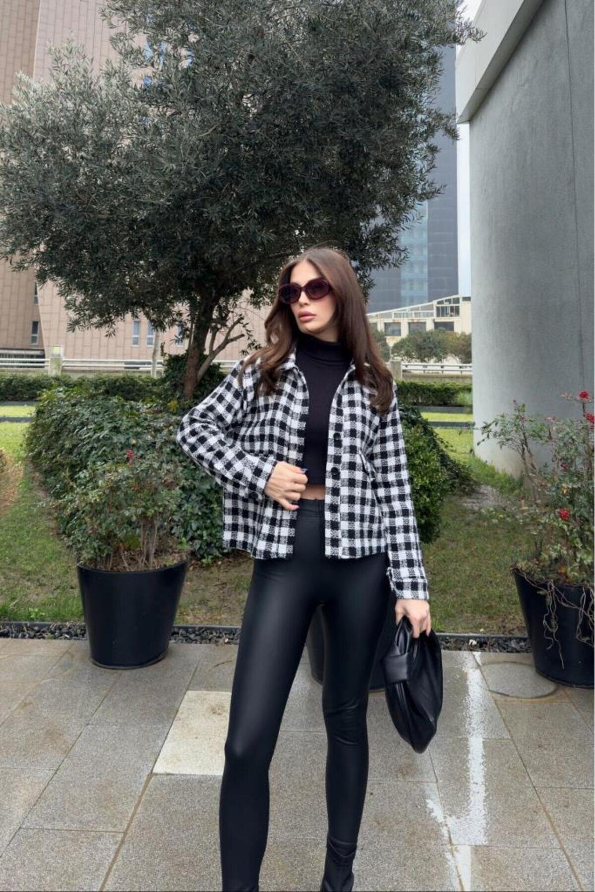 Short Plaid Tweed Pocket Jacket - Black - Pasaklı Giyim