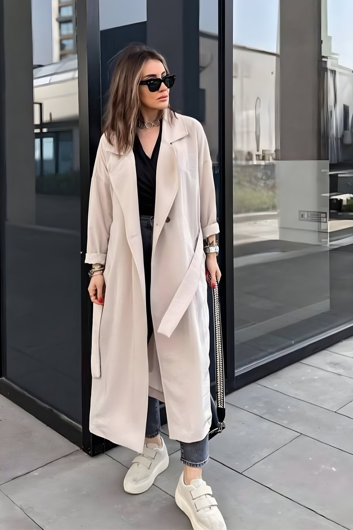 Extra Oversized Belted Trench Coat - Stone - Pasaklı Giyim