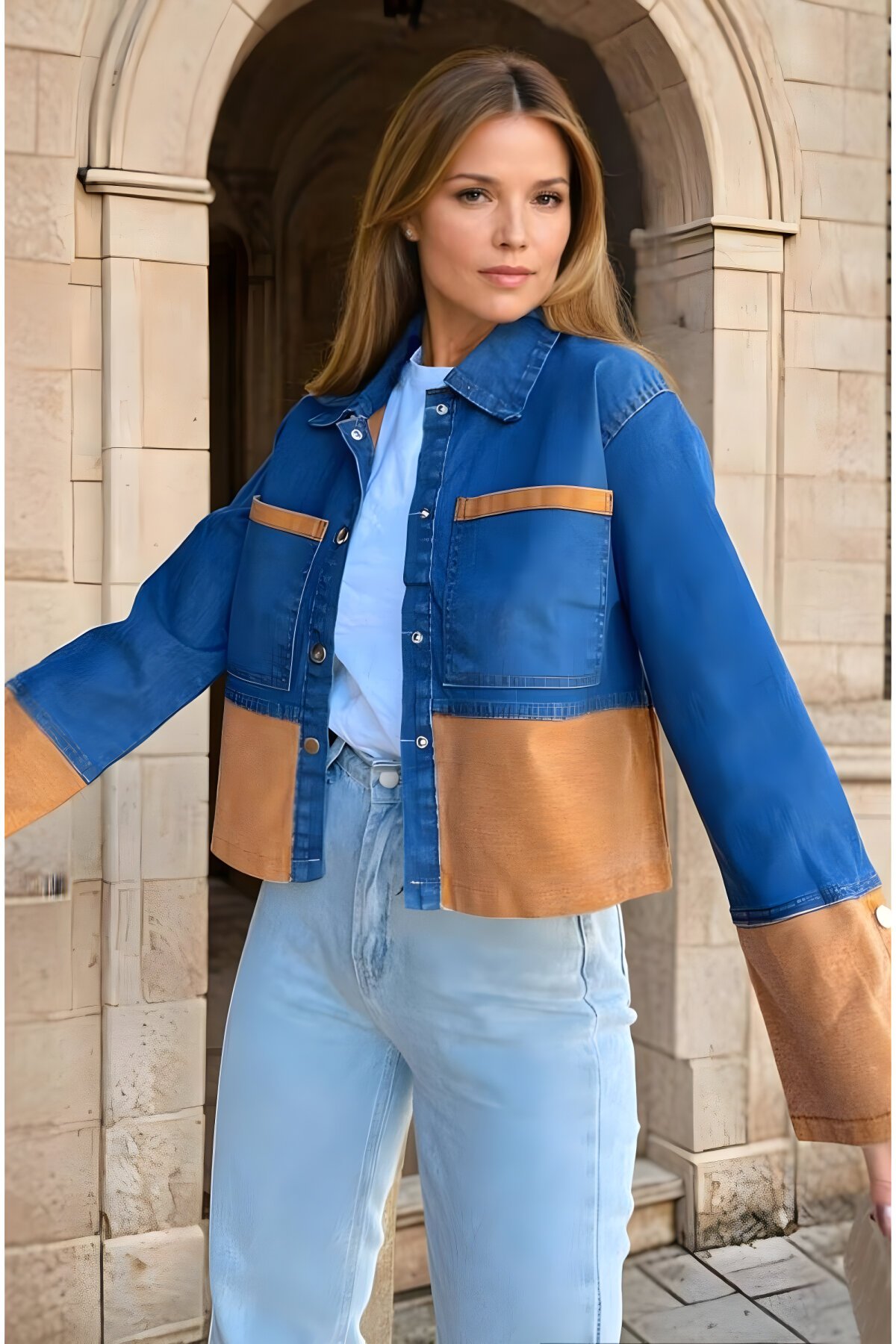 Denim Double-Detail Cuffed Jacket - Orange - Pasaklı Giyim