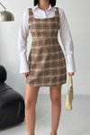 Bej Ekose Desenli Mini Gömlek Elbise