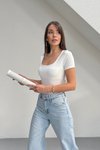 Beyaz Kısa Kollu Kare Yaka Bodysuit