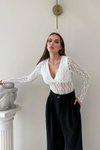 Beyaz Kruvaze Yaka Dantel Bodysuit