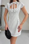 Beyaz Puantiyeli Mini U Yaka Fularlı Elbise