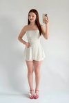 Beyaz Straplez Mini Eteği Şortlu Büzgülü Elbise