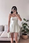 Beyaz Straplez Mini Eteği Şortlu Elbise