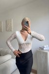 Long-Sleeve Lace V-Neck Bodysuit - White