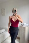 Basic V-Neck Spaghetti Strap Bodysuit - Burgundy