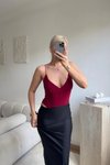 Bordo Basic İp Askılı V Yaka Bodysuit