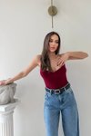 Bordo İp Askılı V Yaka Bodysuit