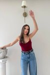 Bordo İp Askılı V Yaka Bodysuit