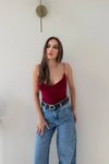 Bordo İp Askılı V Yaka Bodysuit