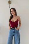 Bordo İp Askılı V Yaka Bodysuit