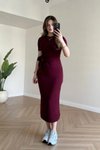 Bordo Midi Modal Bağlama Detaylı Yan Yırtmaçlı Elbise