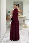 Bordo Uzun Dökümlü Sıfır Kol Dik Yaka Elbise