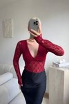 Long Sleeve V-Neck Lace Bodysuit - Burgundy