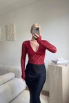 Bordo Uzun Kollu V Yaka Dantel Bodysuit