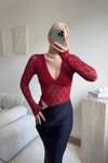 Bordo Uzun Kollu V Yaka Dantel Bodysuit