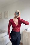 Bordo Uzun Kollu V Yaka Dantel Bodysuit