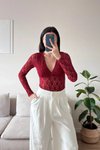 Bordo V Yaka Dantel Bodysuit