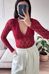 Bordo V Yaka Dantel Bodysuit