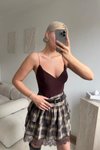 Kahverengi Basic İp Askılı V Yaka Bodysuit