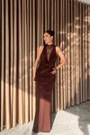 Long Ruched Cowl Neck Lace Evening Dress - Brown