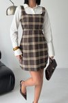 Kahverengi Ekose Desenli Mini Gömlek Elbise